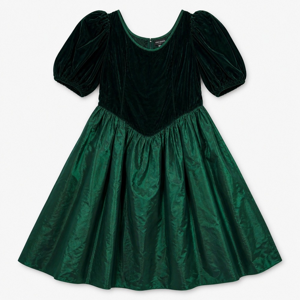 Vtg 80s Emerald Green Velvet Velours Taffeta Puff Sleeve Basque Waist Dress‎